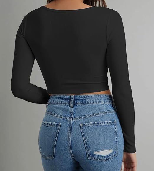 Artfish Women’s Ribbed Long Sleeve Crop Top – Slim Fit Scoop Neck V-Notch Basic Tee