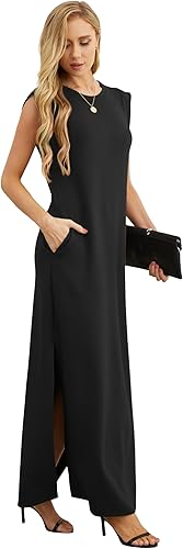 2025 GRECERELLE Women’s Long Maxi Dress Casual Loose Round Neck Split Pocket Style