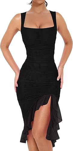 BORIFLORS Womens Sexy Ruched Bodycon Midi Dresses Square Neck Sleeveless Ruffle Hem Club Party Tank Dress