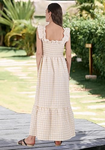chouyatou Womens Retro Plaid Smocked Dress chouyatou Womens Retro Plaid Smocked Dress Spaghetti Strap Flounce Long DressSpaghetti Strap Flounce Long Dress