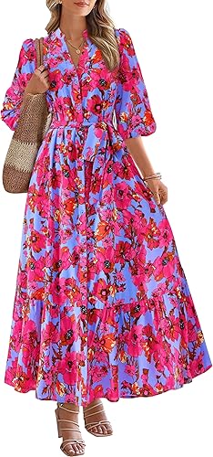 MASCOMODA Womens Floral Maxi Dresses Boho Summer Casual V Neck 3/4 Puff Sleeve Button Down Tie Waist Long Flowy Shirt Dress