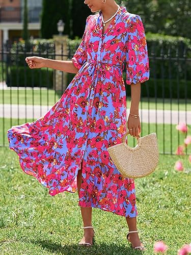 MASCOMODA Womens Floral Maxi Dresses Boho Summer Casual V Neck 3/4 Puff Sleeve Button Down Tie Waist Long Flowy Shirt Dress