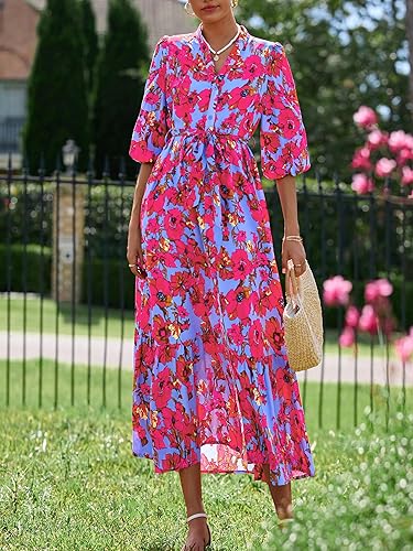 MASCOMODA Womens Floral Maxi Dresses Boho Summer Casual V Neck 3/4 Puff Sleeve Button Down Tie Waist Long Flowy Shirt Dress