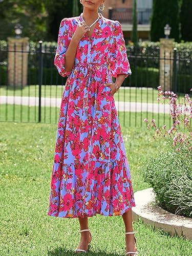 MASCOMODA Womens Floral Maxi Dresses Boho Summer Casual V Neck 3/4 Puff Sleeve Button Down Tie Waist Long Flowy Shirt Dress